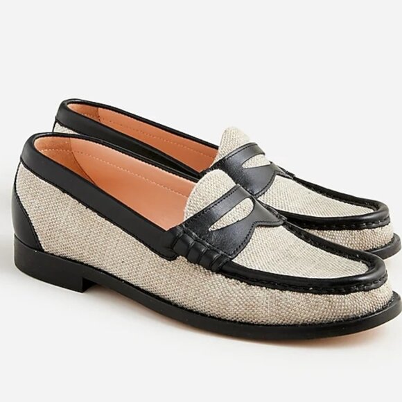 J. Crew Winona Penny Loafer Spanish Canvas Black Khaki Women's Size 9 NEW - Picture 1 of 8